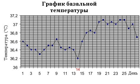 График базальной температуры 28-дневного менструального цикла. Автор: Tatata